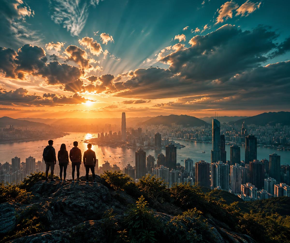 People looking out over a city at sunrise